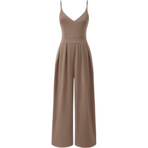 imageANRABESS Women V Neck Spaghetti Strap Wide Leg Dressy Jumpsuits 2025 Summer Casual One Piece Jumper Romper Outfits ampamp PocketsCoffee