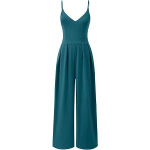 imageANRABESS Women V Neck Spaghetti Strap Wide Leg Dressy Jumpsuits 2025 Summer Casual One Piece Jumper Romper Outfits ampamp PocketsLake Green