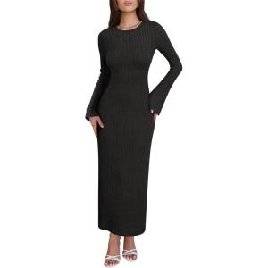 imageANRABESS Womens Bodycon Maxi Dress 2025 Fall Casual Flare Sleeve Crewneck Lounge Comfy Sexy Ribbed Knit Long Sweater DressBlack