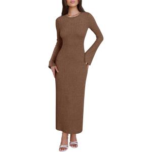 imageANRABESS Womens Bodycon Maxi Dress 2025 Fall Casual Flare Sleeve Crewneck Lounge Comfy Sexy Ribbed Knit Long Sweater DressBrown