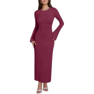 imageANRABESS Womens Bodycon Maxi Dress 2025 Fall Casual Flare Sleeve Crewneck Lounge Comfy Sexy Ribbed Knit Long Sweater DressBurgundy