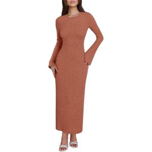 imageANRABESS Womens Bodycon Maxi Dress 2025 Fall Casual Flare Sleeve Crewneck Lounge Comfy Sexy Ribbed Knit Long Sweater DressBurnt Orange