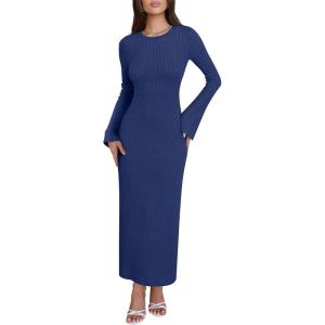 imageANRABESS Womens Bodycon Maxi Dress 2025 Fall Casual Flare Sleeve Crewneck Lounge Comfy Sexy Ribbed Knit Long Sweater DressDeep Blue