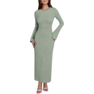 imageANRABESS Womens Bodycon Maxi Dress 2025 Fall Casual Flare Sleeve Crewneck Lounge Comfy Sexy Ribbed Knit Long Sweater DressOlive