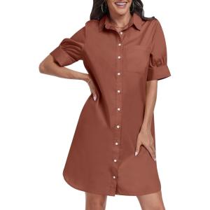 imageANRABESS Womens Button Down Shirt Dress Summer Short Sleeve Business Casual Shift Dresses with Pockets 2025 TrendyRed Brown
