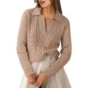 imageANRABESS Womens Cable Knit Sweaters Long Sleeve V Neck Sweater Tops Casual Pullover Polo Shirts 2025 Fall Fashion OutfitsKhaki