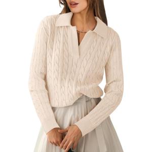 imageANRABESS Womens Cable Knit Sweaters Long Sleeve V Neck Sweater Tops Casual Pullover Polo Shirts 2025 Fall Fashion OutfitsParchment Beige