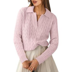imageANRABESS Womens Cable Knit Sweaters Long Sleeve V Neck Sweater Tops Casual Pullover Polo Shirts 2025 Fall Fashion OutfitsPink