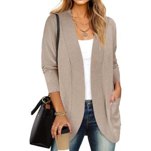 imageANRABESS Womens Cardigan Open Front Long Sleeve Shawl Neck Dressy Casual Knit Sweaters 2025 Fall Trendy Outerwear CoatTan