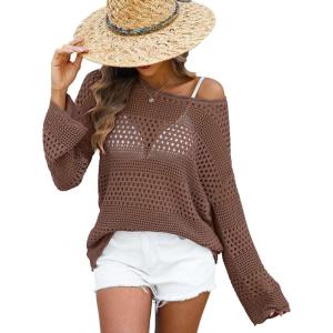 imageANRABESS Womens Crochet Cover Up Summer Long Sleeve Loose Fit Casual Sweater Tops Hollow Out Knit Swimwear 2025 Beach ShirtsBrown