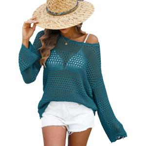 imageANRABESS Womens Crochet Cover Up Summer Long Sleeve Loose Fit Casual Sweater Tops Hollow Out Knit Swimwear 2025 Beach ShirtsCyan