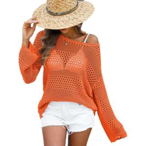 imageANRABESS Womens Crochet Cover Up Summer Long Sleeve Loose Fit Casual Sweater Tops Hollow Out Knit Swimwear 2025 Beach ShirtsOrange