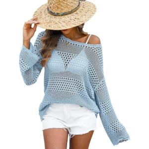 imageANRABESS Womens Crochet Cover Up Summer Long Sleeve Loose Fit Casual Sweater Tops Hollow Out Knit Swimwear 2025 Beach ShirtsSky Blue