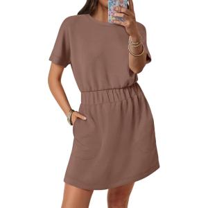 imageANRABESS Womens Dresses 2025 Summer Casual Short Sleeve Crew Neck Elastic Waist Mini T Shirt Dress with PocketsBrown