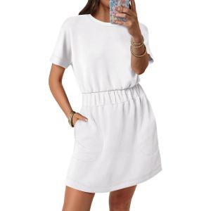imageANRABESS Womens Dresses 2025 Summer Casual Short Sleeve Crew Neck Elastic Waist Mini T Shirt Dress with PocketsWhite