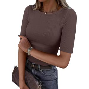 imageANRABESS Womens Half Sleeve Crewneck Tops Ribbed Knit Slim Fit Shirts Basic Tee 2025 Spring Summer Dressy Casual TShirtsCoffee