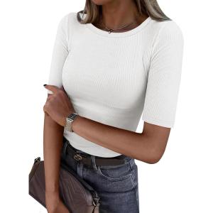 imageANRABESS Womens Half Sleeve Crewneck Tops Ribbed Knit Slim Fit Shirts Basic Tee 2025 Spring Summer Dressy Casual TShirtsWhite
