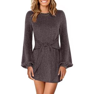imageANRABESS Womens Long Lantern Sleeve Ribbed Knit Casual Lightweight Tie Waist 2025 Fall Cocktail Short Mini Sweater DressChocolate Brown