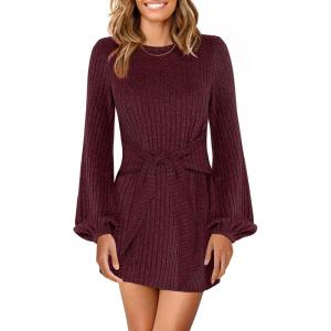 imageANRABESS Womens Long Lantern Sleeve Ribbed Knit Casual Lightweight Tie Waist 2025 Fall Cocktail Short Mini Sweater DressDark Burgundy