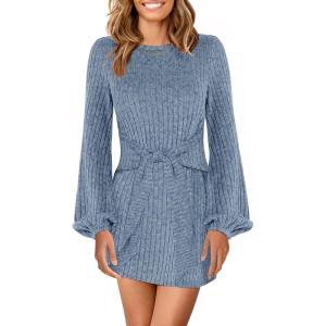 imageANRABESS Womens Long Lantern Sleeve Ribbed Knit Casual Lightweight Tie Waist 2025 Fall Cocktail Short Mini Sweater DressGrey Blue
