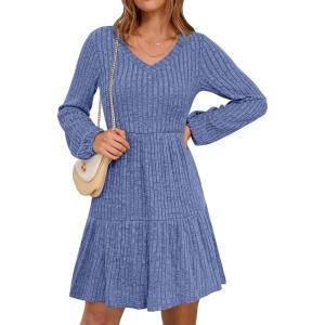 imageANRABESS Womens Long Lantern Sleeve Ribbed Knit Dresses V Neck Casual 2025 Fall Winter Flowy Swing Tunic Sweater Short DressBlue