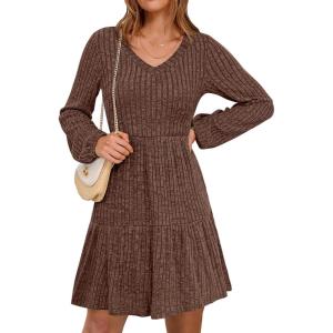 imageANRABESS Womens Long Lantern Sleeve Ribbed Knit Dresses V Neck Casual 2025 Fall Winter Flowy Swing Tunic Sweater Short DressBrown