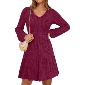 imageANRABESS Womens Long Lantern Sleeve Ribbed Knit Dresses V Neck Casual 2025 Fall Winter Flowy Swing Tunic Sweater Short DressBurgundy
