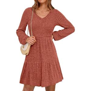 imageANRABESS Womens Long Lantern Sleeve Ribbed Knit Dresses V Neck Casual 2025 Fall Winter Flowy Swing Tunic Sweater Short DressBurnt Orange