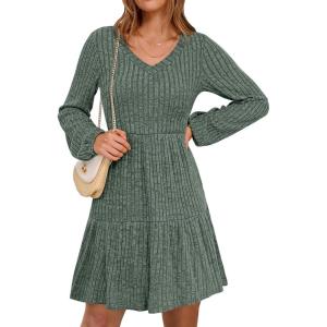 imageANRABESS Womens Long Lantern Sleeve Ribbed Knit Dresses V Neck Casual 2025 Fall Winter Flowy Swing Tunic Sweater Short DressGreen