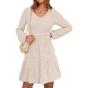 imageANRABESS Womens Long Lantern Sleeve Ribbed Knit Dresses V Neck Casual 2025 Fall Winter Flowy Swing Tunic Sweater Short DressLight Khaki