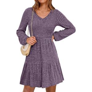 imageANRABESS Womens Long Lantern Sleeve Ribbed Knit Dresses V Neck Casual 2025 Fall Winter Flowy Swing Tunic Sweater Short DressPurple