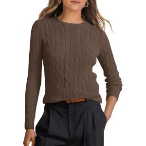 imageANRABESS Womens Long Sleeve Cable Knit Sweater Jumper Crewneck Pullover Soft Dressy Casual Tops Cute 2025 Fall Trendy OutfitsCoffee
