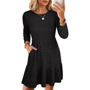 imageANRABESS Womens Long Sleeve Crew Neck Fall Dress 2025 Casual Ribbed Knit Flowy Short Sweater Dresses with PocketsBlack