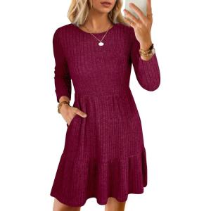 imageANRABESS Womens Long Sleeve Crew Neck Fall Dress 2025 Casual Ribbed Knit Flowy Short Sweater Dresses with PocketsBurgundy