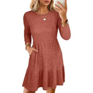 imageANRABESS Womens Long Sleeve Crew Neck Fall Dress 2025 Casual Ribbed Knit Flowy Short Sweater Dresses with PocketsBurnt Orange