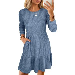 imageANRABESS Womens Long Sleeve Crew Neck Fall Dress 2025 Casual Ribbed Knit Flowy Short Sweater Dresses with PocketsGrey Blue