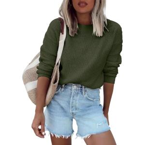 imageANRABESS Womens Long Sleeve Oversized Casual Loose Fit Crewneck Waffle Knit Cozy Pullover Sweaters 2025 Fall FashionArmy Green