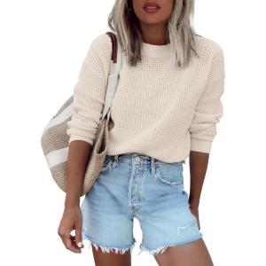 imageANRABESS Womens Long Sleeve Oversized Casual Loose Fit Crewneck Waffle Knit Cozy Pullover Sweaters 2025 Fall FashionBeige