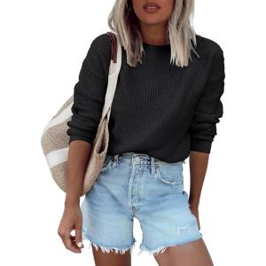 imageANRABESS Womens Long Sleeve Oversized Casual Loose Fit Crewneck Waffle Knit Cozy Pullover Sweaters 2025 Fall FashionBlack