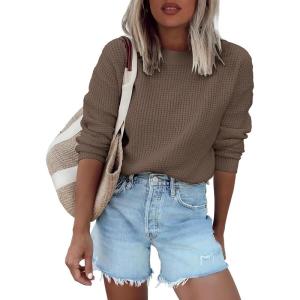 imageANRABESS Womens Long Sleeve Oversized Casual Loose Fit Crewneck Waffle Knit Cozy Pullover Sweaters 2025 Fall FashionBrown