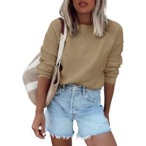 imageANRABESS Womens Long Sleeve Oversized Casual Loose Fit Crewneck Waffle Knit Cozy Pullover Sweaters 2025 Fall FashionCamel