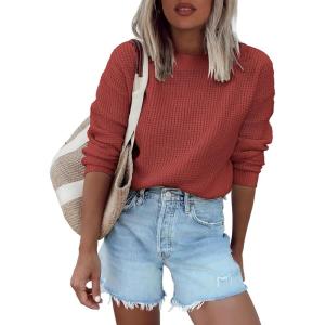 imageANRABESS Womens Long Sleeve Oversized Casual Loose Fit Crewneck Waffle Knit Cozy Pullover Sweaters 2025 Fall FashionRust