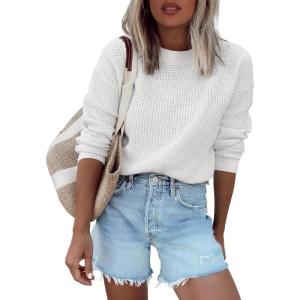 imageANRABESS Womens Long Sleeve Oversized Casual Loose Fit Crewneck Waffle Knit Cozy Pullover Sweaters 2025 Fall FashionWhite