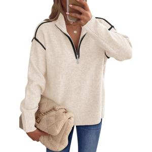 imageANRABESS Womens Long Sleeve Quarter Zip Sweaters Fall Business Casual V Neck Collared Knit Pullover Sweater Top Work ShirtsAlmond