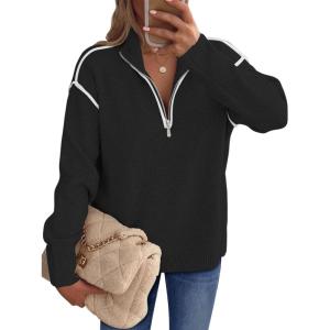 imageANRABESS Womens Long Sleeve Quarter Zip Sweaters Fall Business Casual V Neck Collared Knit Pullover Sweater Top Work ShirtsBlack