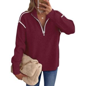 imageANRABESS Womens Long Sleeve Quarter Zip Sweaters Fall Business Casual V Neck Collared Knit Pullover Sweater Top Work ShirtsBurgund