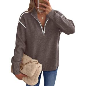 imageANRABESS Womens Long Sleeve Quarter Zip Sweaters Fall Business Casual V Neck Collared Knit Pullover Sweater Top Work ShirtsCoffee