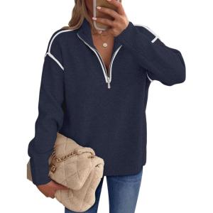 imageANRABESS Womens Long Sleeve Quarter Zip Sweaters Fall Business Casual V Neck Collared Knit Pullover Sweater Top Work ShirtsNavy Blue