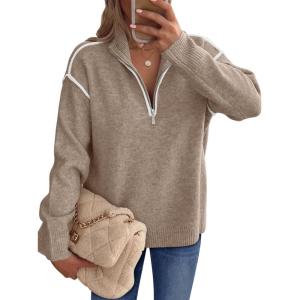 imageANRABESS Womens Long Sleeve Quarter Zip Sweaters Fall Business Casual V Neck Collared Knit Pullover Sweater Top Work ShirtsTan