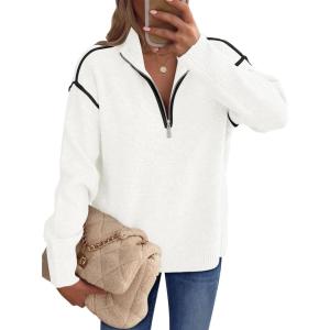 imageANRABESS Womens Long Sleeve Quarter Zip Sweaters Fall Business Casual V Neck Collared Knit Pullover Sweater Top Work ShirtsWhite